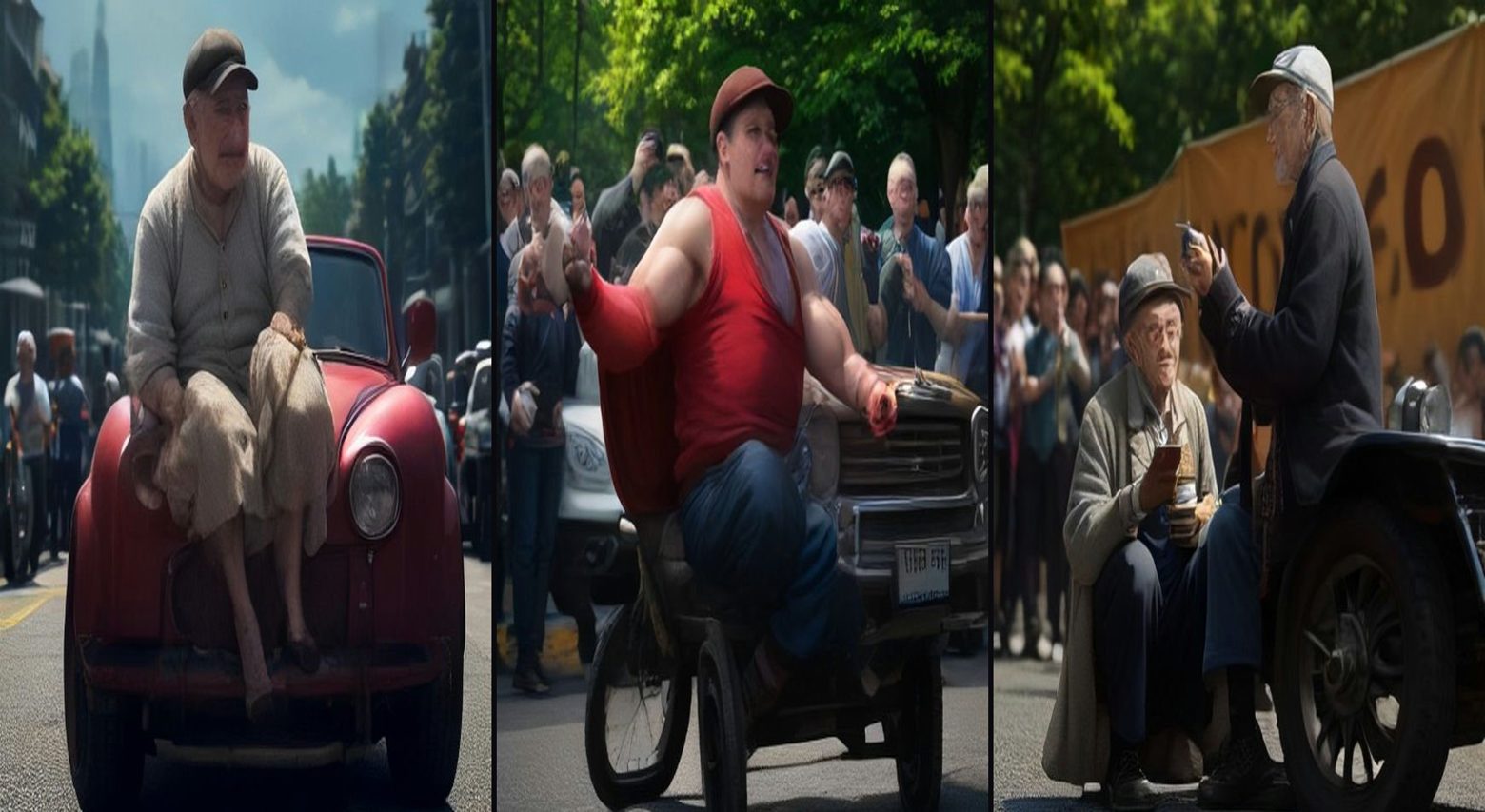 99-Year-Old Grandpa vs the Strongman — 3-frame storyboard, Strongman & Spectacle AI video prompt example