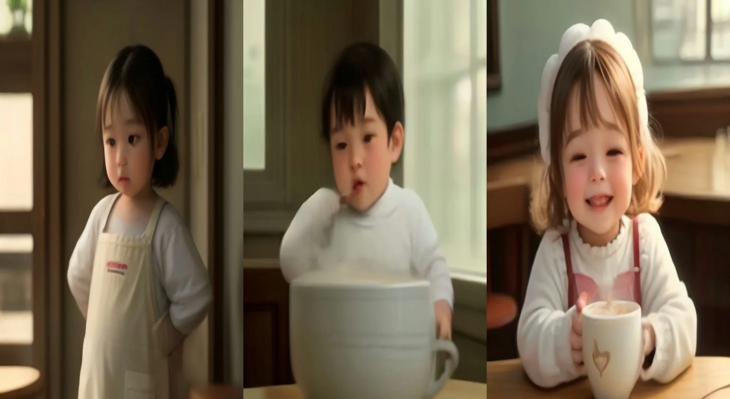 Baby Barista's First Foam Art — 3-frame storyboard, AI Baby & Toddler AI video prompt example
