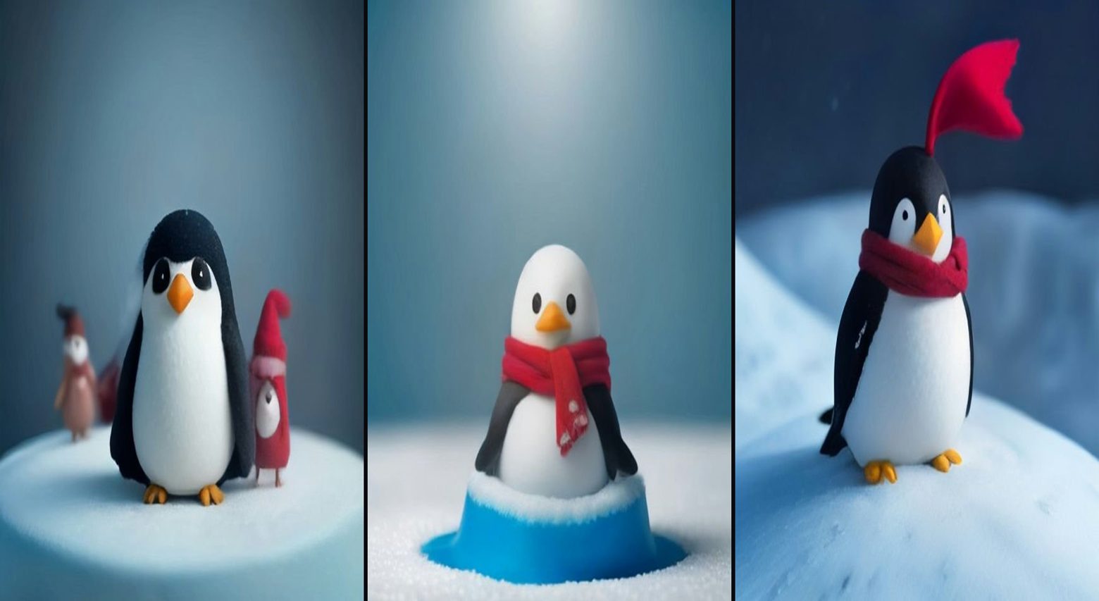Claymation Penguin — The Big Ice Slide — 3-frame storyboard, Claymation AI video prompt example