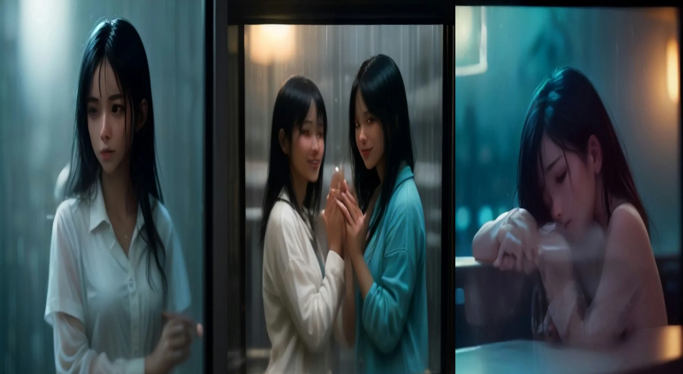 Hands Through the Rain Glass — 3-frame storyboard, Photo Duets AI video prompt example