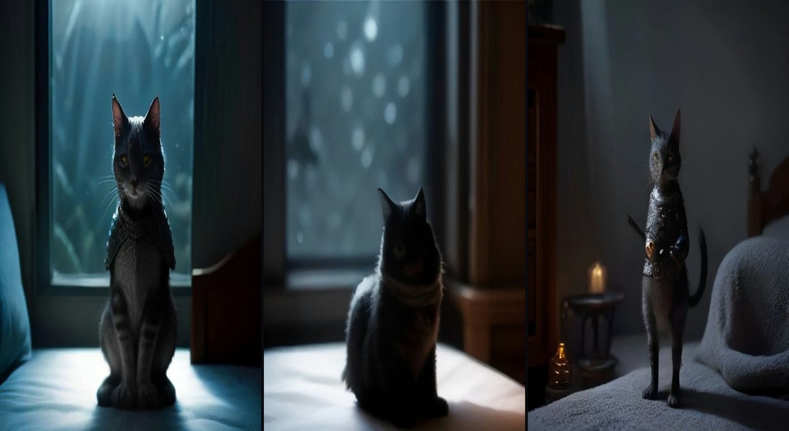 Knight Cat on Night Watch — 3-frame storyboard, Animal Comedy AI video prompt example