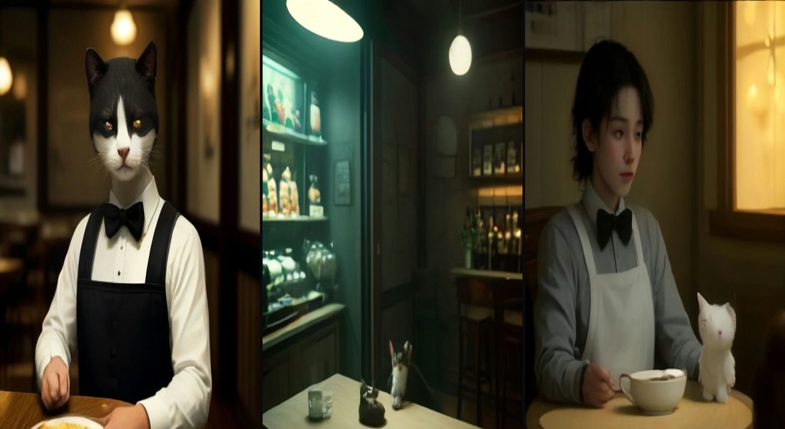 Reverse World — Cats Run a Human Café — 3-frame storyboard, Reverse Animal World AI video prompt example