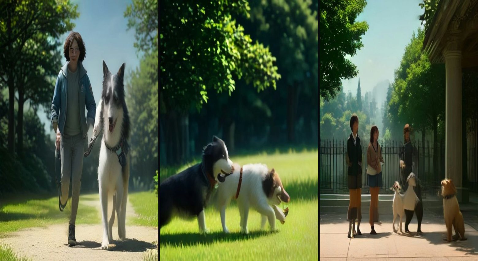 Reverse World — Dogs Walk Their Humans — 3-frame storyboard, Reverse Animal World AI video prompt example