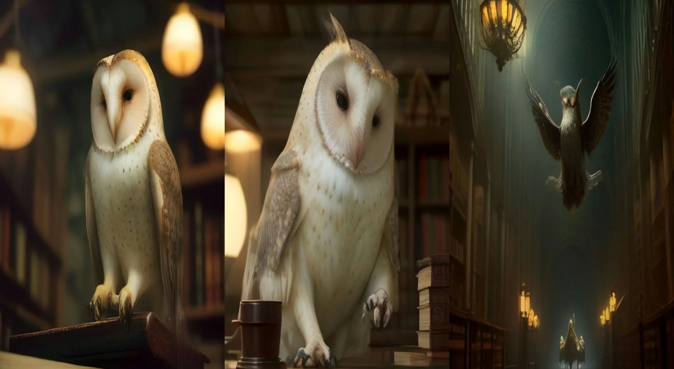 Reverse World — Owls Run a Night Library — 3-frame storyboard, Reverse Animal World AI video prompt example