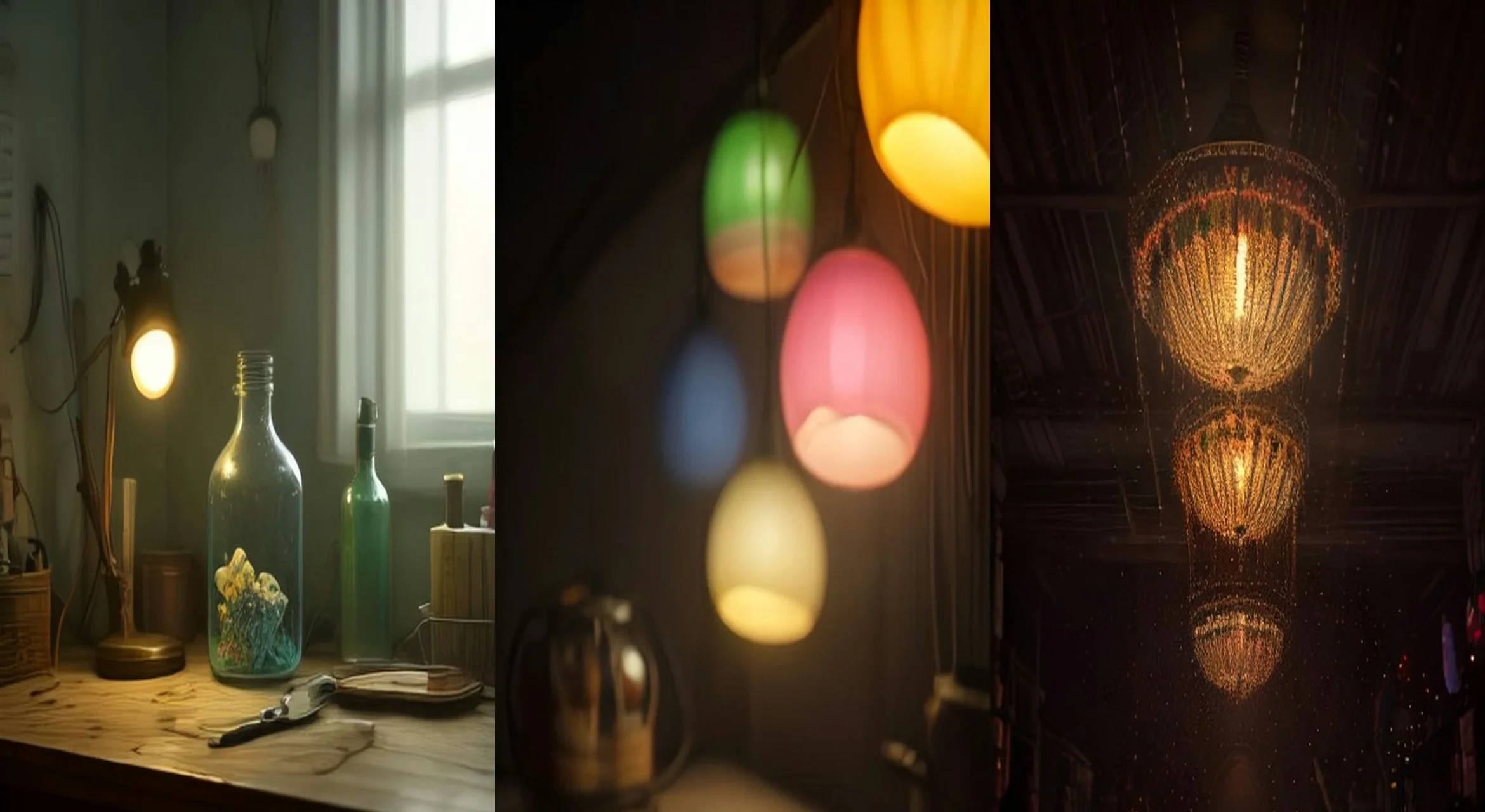 The Bottle-Cap Chandelier — 3-frame storyboard, DIY Transformations AI video prompt example