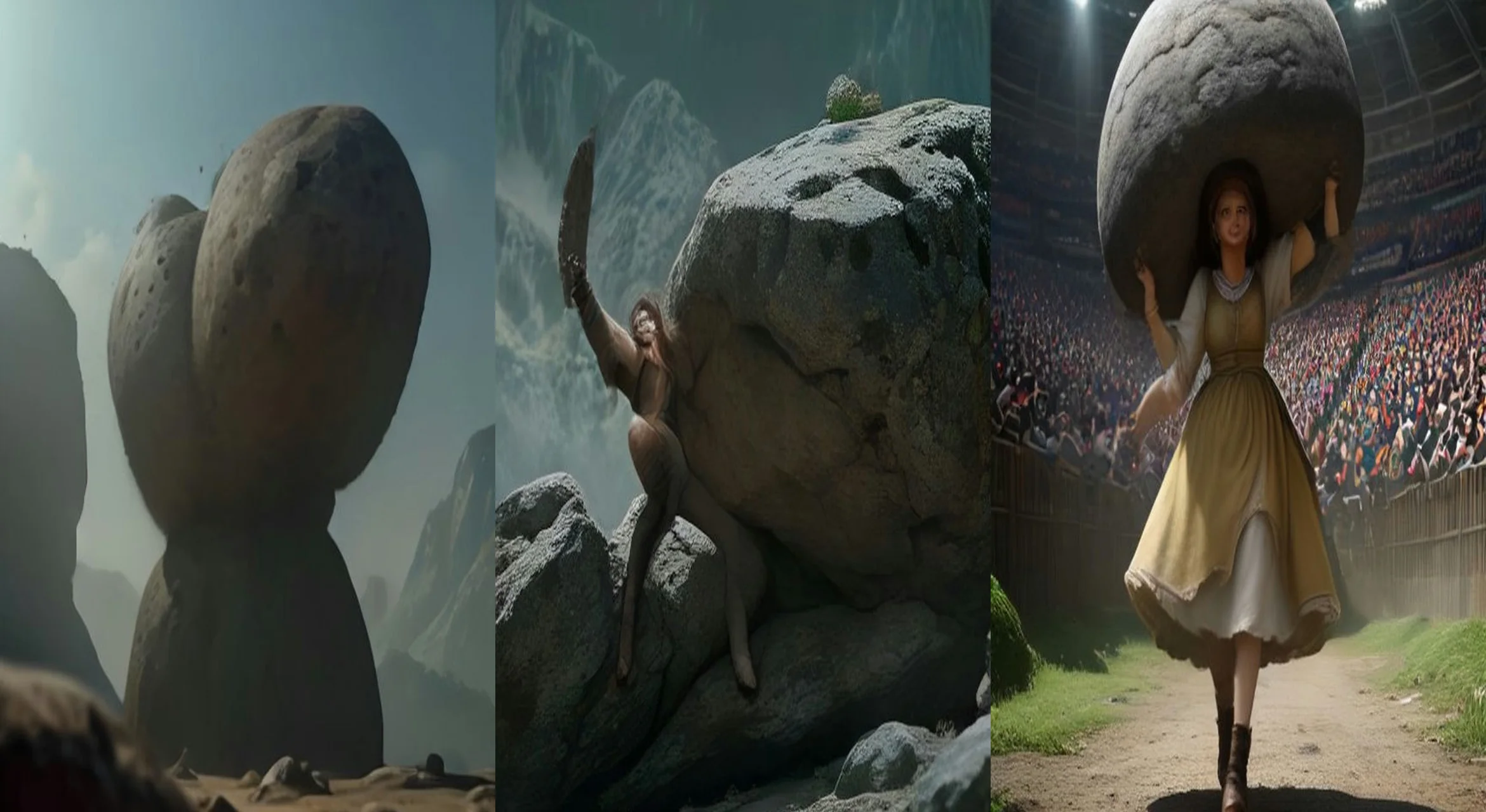 The Boulder and the Shepherdess — 3-frame storyboard, Strongman & Spectacle AI video prompt example