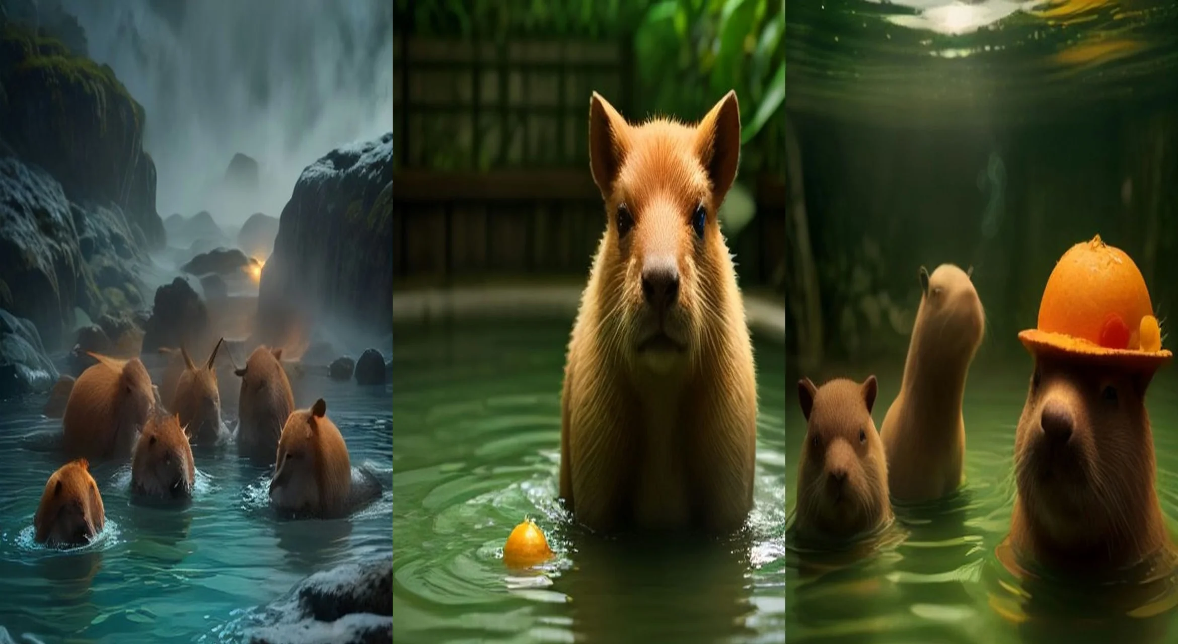 The Capybara Hot Spring — 3-frame storyboard, Animal Comedy AI video prompt example
