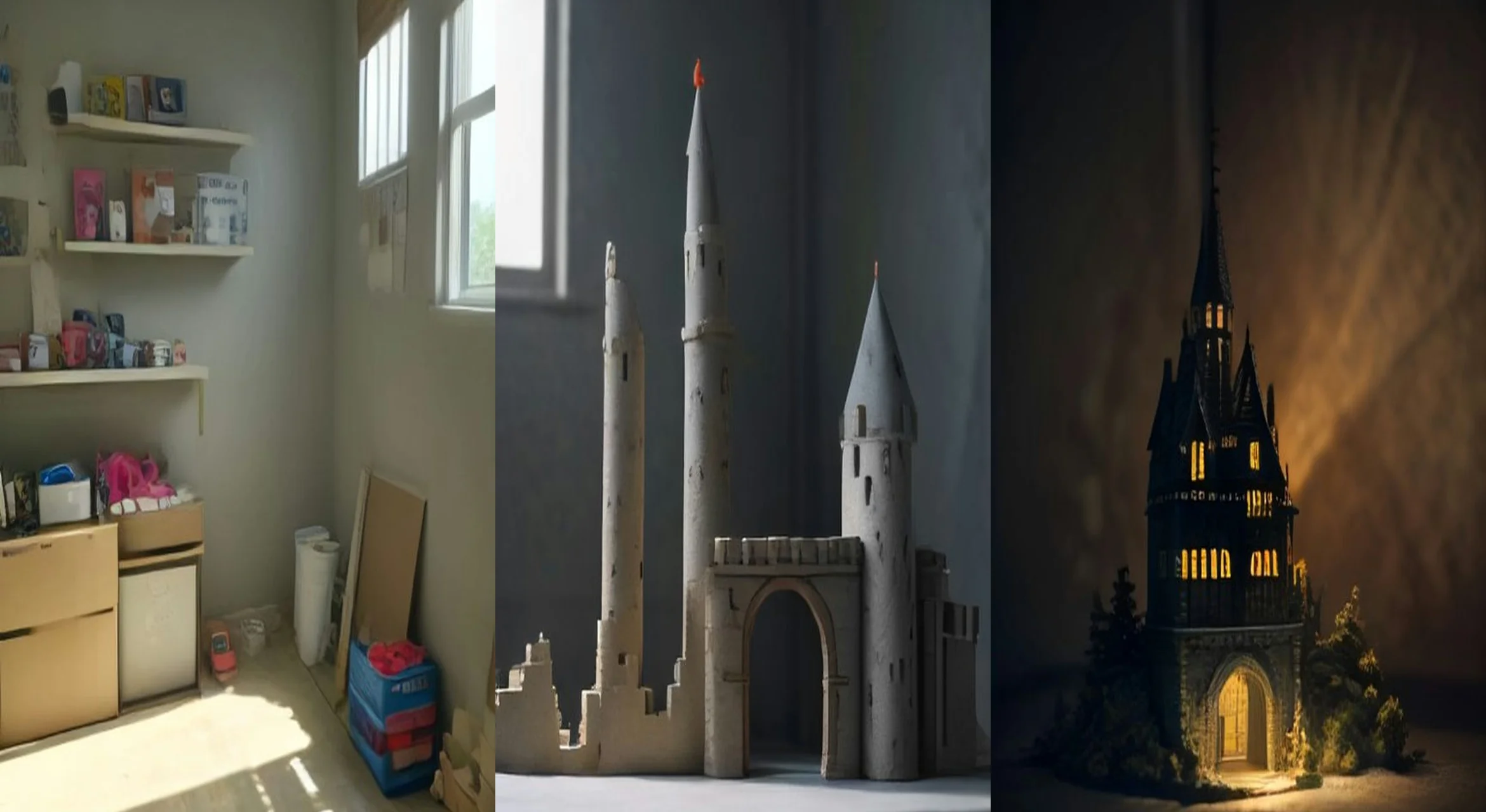 The Cardboard Castle Build — 3-frame storyboard, DIY Transformations AI video prompt example