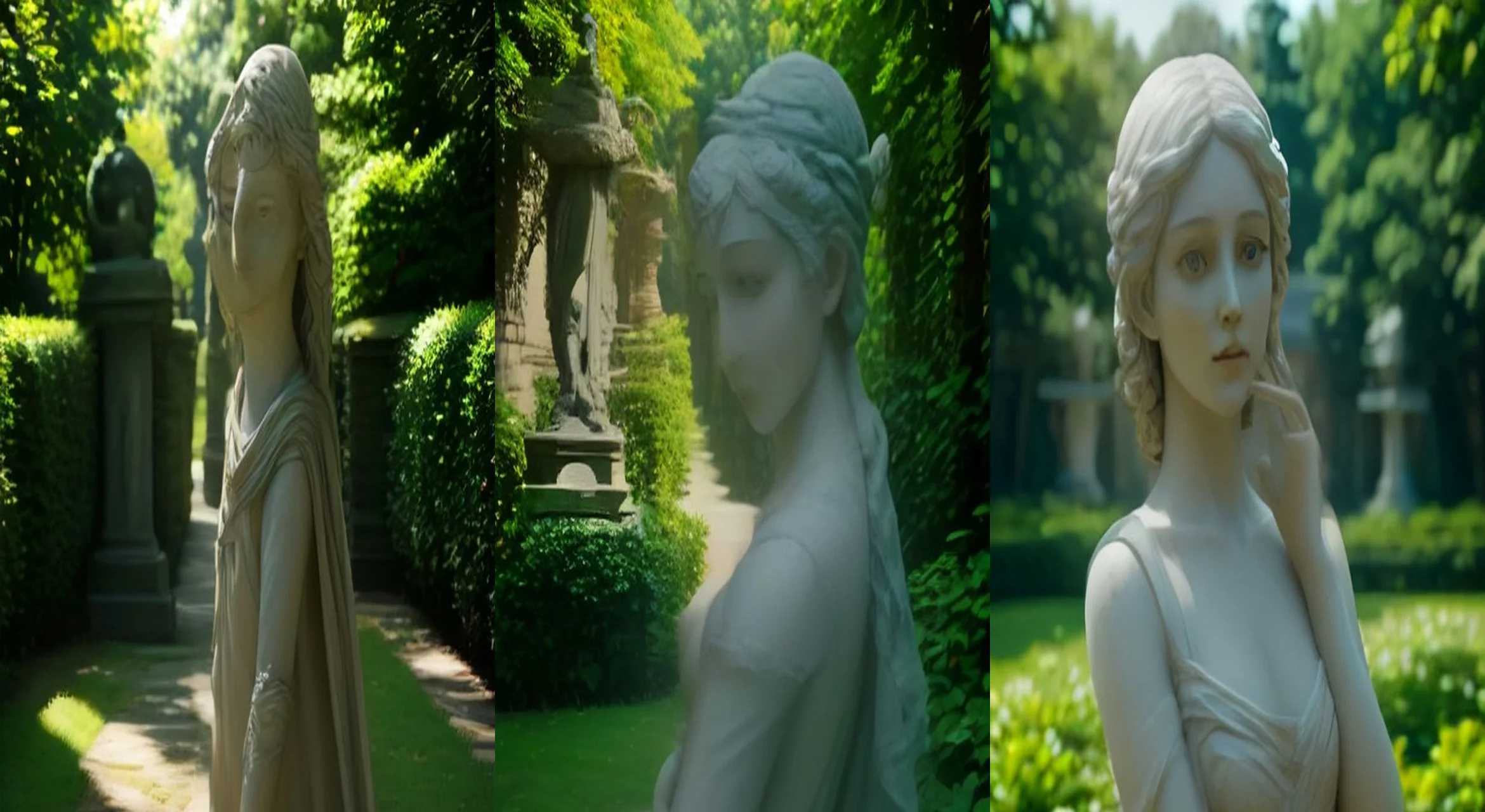 The Statue That Copied Me — 3-frame storyboard, Character Swap AI video prompt example