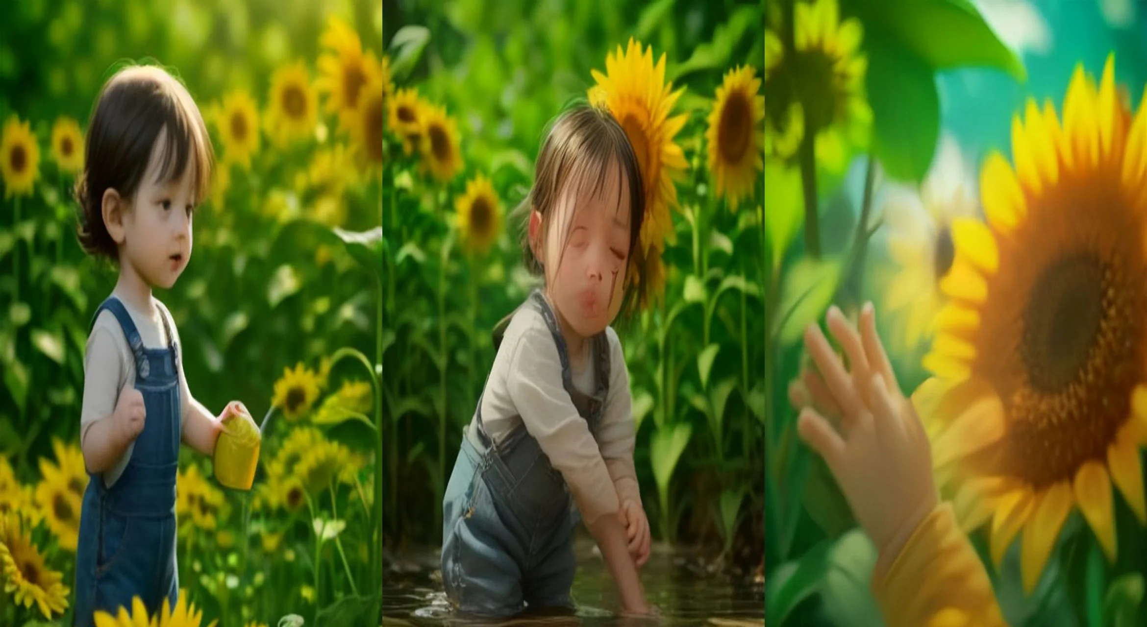 The Sunflower That Touched the Sky — 3-frame storyboard, AI Baby & Toddler AI video prompt example