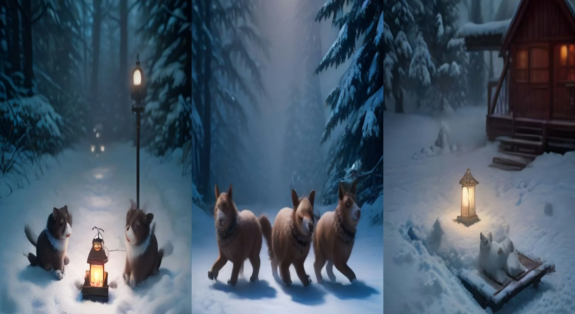 The Tiny Sled Team's First Snow — 3-frame storyboard, Miniature World AI video prompt example