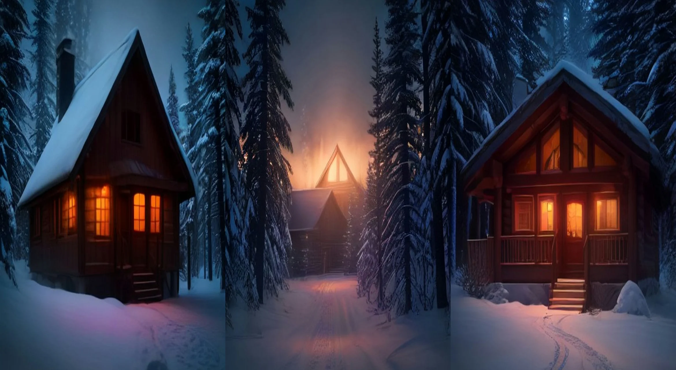 The Winter Cabin — First Lights — 3-frame storyboard, Dream Home AI video prompt example