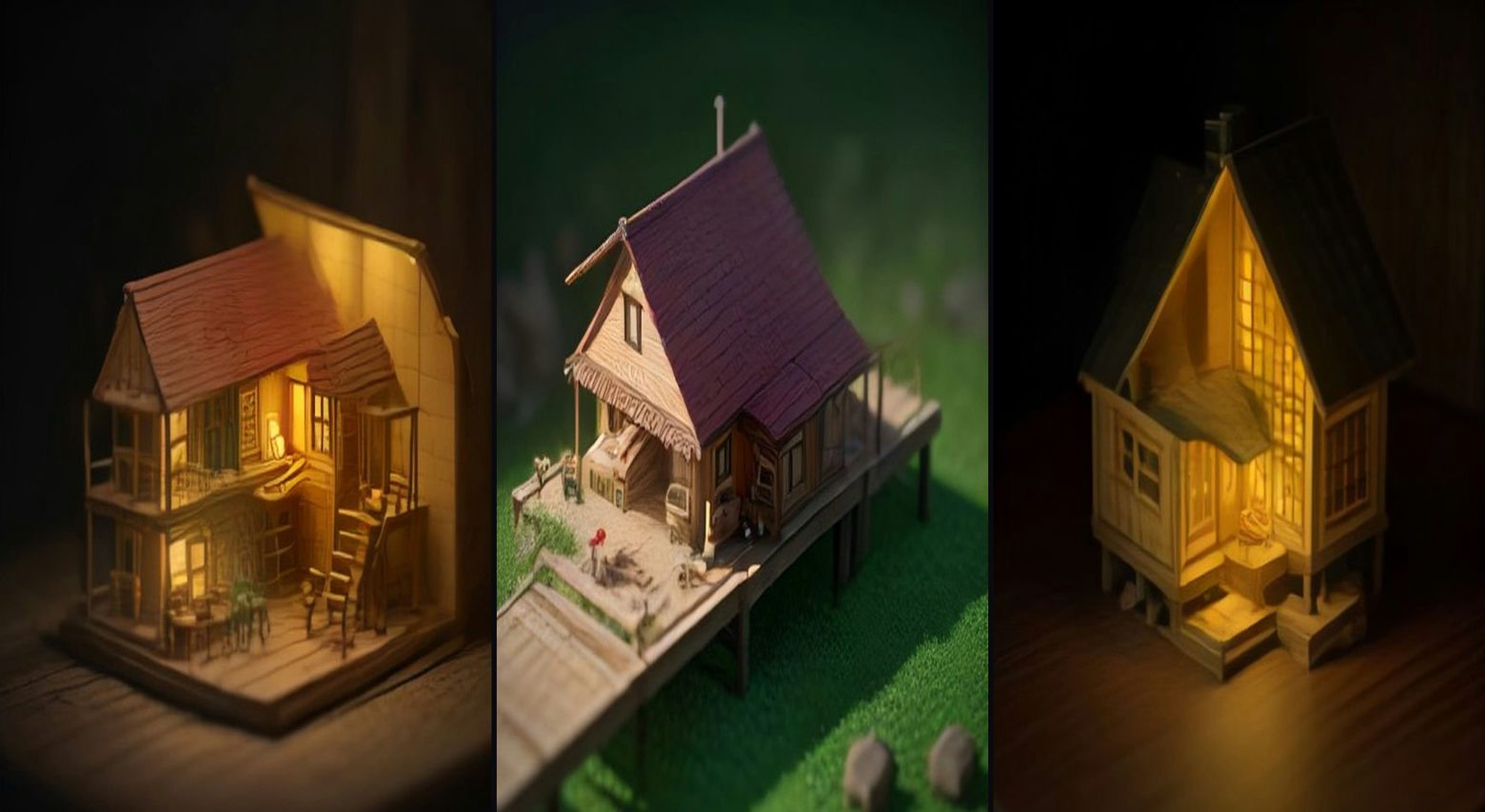 Tiny Crew Builds a House in a Day — 3-frame storyboard, Miniature World AI video prompt example