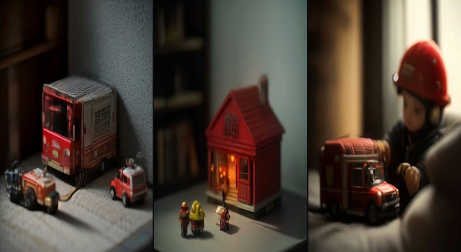 Tiny Firefighters Save the Kitten — 3-frame storyboard, Miniature World AI video prompt example