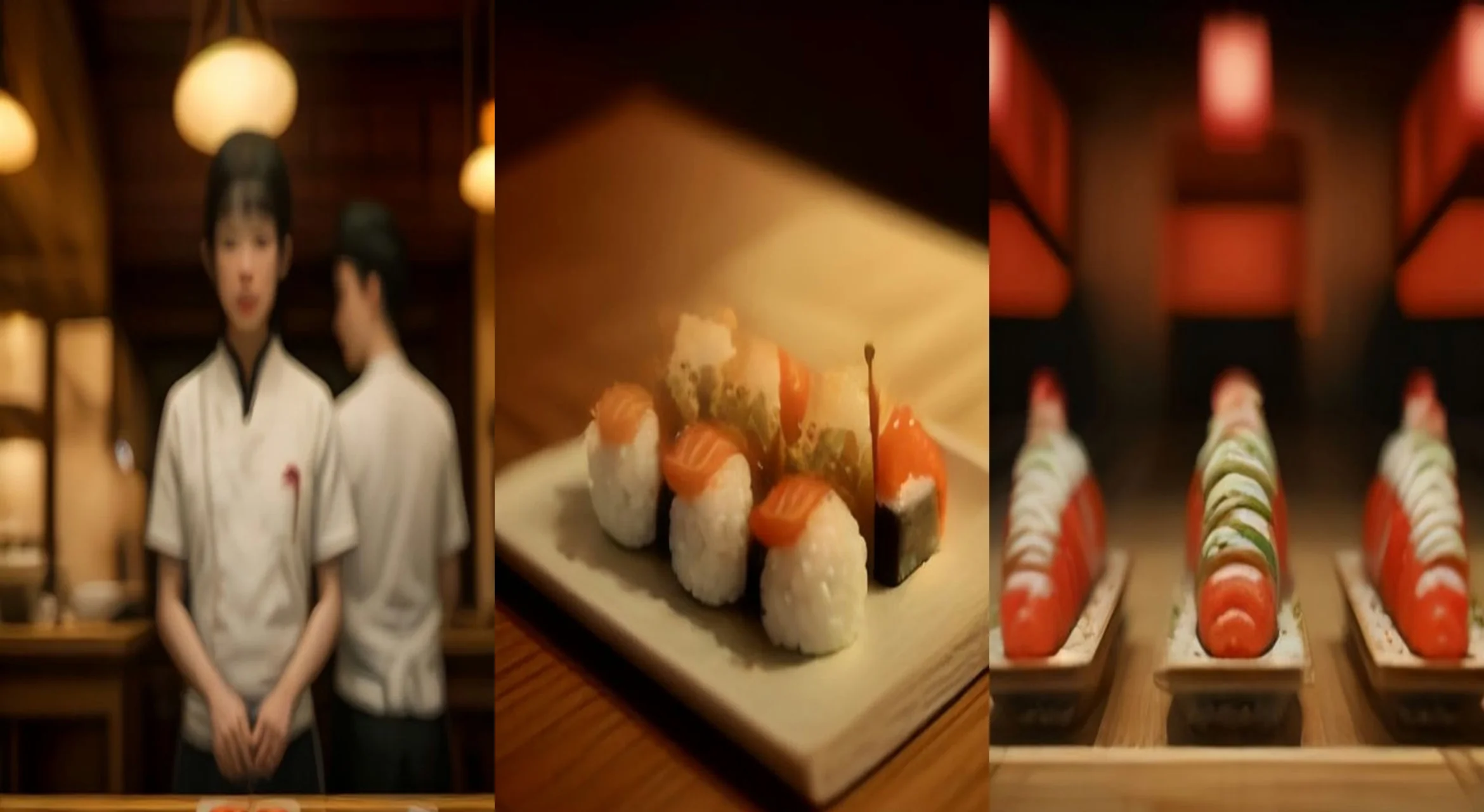 Tiny Sushi Chefs' Rush Hour — 3-frame storyboard, Miniature World AI video prompt example