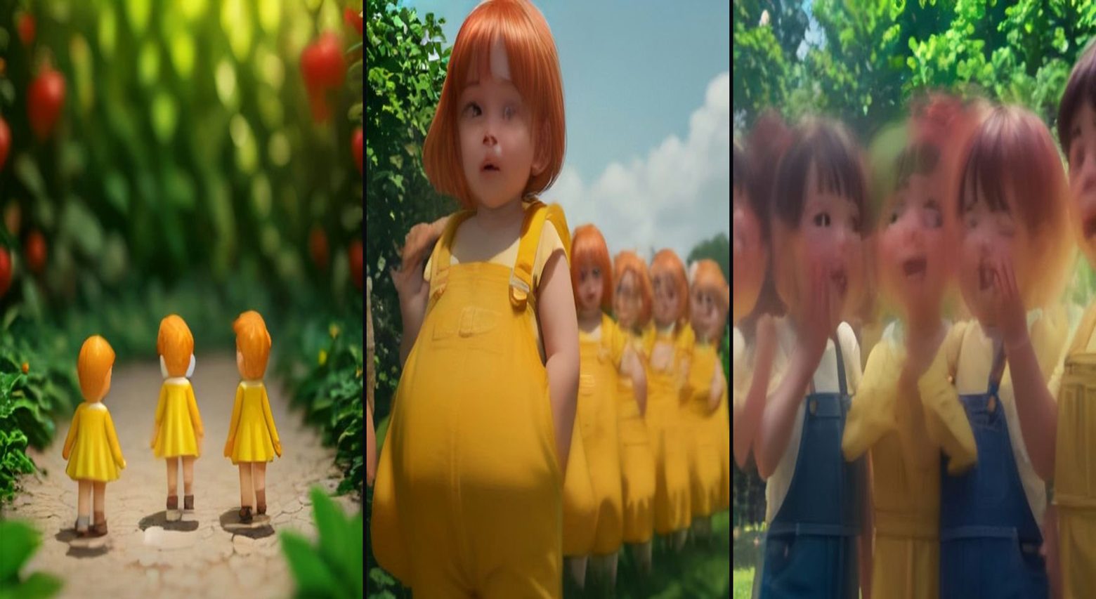 Tiny Toddler Squad — The Giant Strawberry Carry — 3-frame storyboard, AI Baby & Toddler AI video prompt example